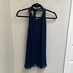 Alice + Olivia Navy Blue High Neck Backless Top with Leather Detail